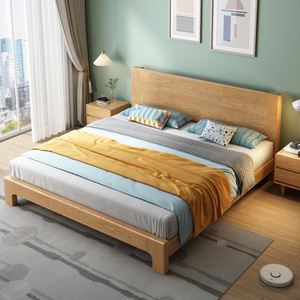 Ash Wood Solid Wood Platform Bed Double Size Modern Minimalist Scandinavian Style Master Bedroom Wedding Bed Furniture - Product Image 1