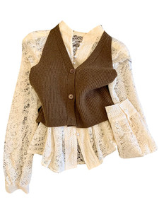 Completo da Donna <span class=keywords><strong>Elegante</strong></span> con Camicia a Maniche Lunghe e Gilet in <span class=keywords><strong>Pizzo</strong></span> Tinta Unita, Nuova Collezione Autunno 2026 - Vendita all'Ingrosso - Product Image 6