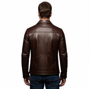 Veste en cuir marron pour homme, style décontracté, col rabattu, fermeture éclair, veste de motard - Product Image 3