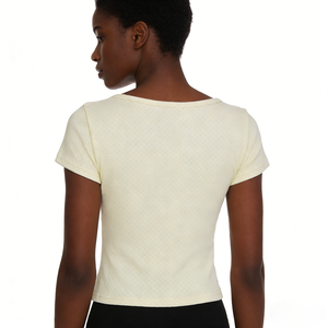 Camiseta Casual de Manga Corta con Cuello en V para Mujer, Minimalista, Básica, de Color Sólido, Tejido Texturizado, Transpirable, de Spandex/Poliéster - Product Image 2