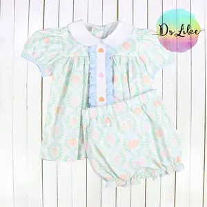 Cute turn-down collar children pumpkin embroidery girls outfits ruffle Thanksgiving kids clothing wholesale short set