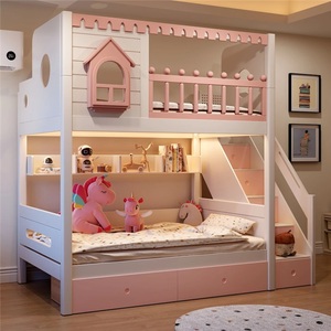 Cama litera estilo castillo <span class=keywords><strong>de</strong></span> cuento <span class=keywords><strong>de</strong></span> hadas JS <span class=keywords><strong>para</strong></span> <span class=keywords><strong>niñas</strong></span>, con estructura <span class=keywords><strong>de</strong></span> madera maciza resistente, tobogán, escalera, armario y doble cajón. - Product Image 5