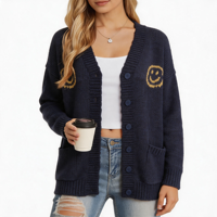 Cardigan en tricot jacquard à col en V, coupe oversize, avec poches et épaules tombantes, motif visage souriant, jaune marine, pour femme, marque privée