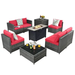 Hotel Outdoor 9 Seater U Shape Sofa Set Comfortable Pe Rattan Waterproof Garden Furniture With Fire Table