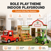 Équipement de terrain de jeux intérieur pour jeu de rôle en ville, thème ferme et marché, avec accessoire camion de pompiers et aménagement multi-zones pour opérateurs de centres de divertissement familial (FEC)