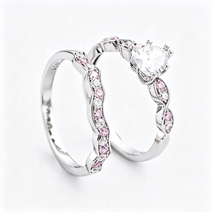Anillos de Compromiso y Matrimonio de Plata de Ley S925 con Circonita Cúbica Rosa y Transparente en Corte Corazón Brillante para Parejas - Product Image 3