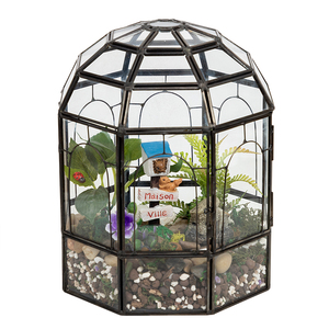 Maceta de planta maceta grande hecha a mano geométrica forma de jaula de pájaros Terrario de cristal casa de cristal con puerta y acero antiguo - Product Image 1