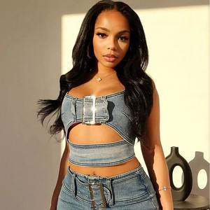 Conjunto Sexy de Dos Piezas <span class=keywords><strong>para</strong></span> Mujer, Top Corto de Mezclilla con Tirantes y Pantalones Cortos con Recortes, <span class=keywords><strong>Ropa</strong></span> de Verano, Estilo Urbano, <span class=keywords><strong>para</strong></span> Club - Product Image 6