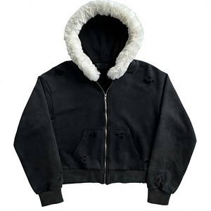Sudadera con Capucha y Cierre de Cremallera para Hombre, Negra, de Forro Polar, Estilo Casual, para Invierno, con Forro de Piel Sintética Blanca - Product Image 1