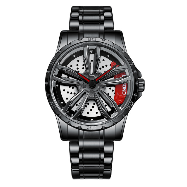 BINBOND 001 Sports Car Wheel Hub Watch Men's Hollow Out 360 Degrees Rotatable Dial Steel Band Waterproof Black Quartz Watch Men