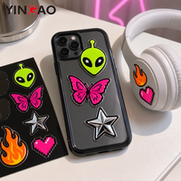 Feuille d'autocollants personnalisés découpés à la forme, effet néon brillant, motifs Alien, Papillon, Flamme, en vinyle imperméable, pour coques de téléphone, écouteurs et logos