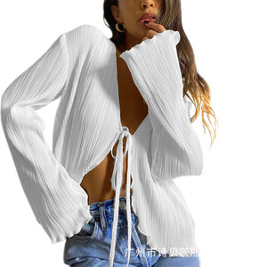 Hot Selling Woven Breathable Polyester Solid Short Casual Lace-Up Pleated <strong>Plisse</strong> Women's Blouse <strong>Tops</strong> Sexy Chic Summer Cardigan - Product Image 4