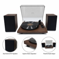 Tourne-disque vinyle professionnel Hi-Fi 3 vitesses à entraînement par courroie sans fil avec deux haut-parleurs externes en bois de noyer