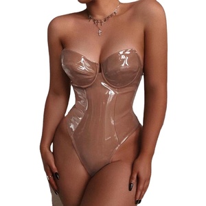 De moda invisible de tira de cuero de PU no manga larga sin respaldo sin mangas pantalones cortos sexy clubwear ropa mono - Product Image 1