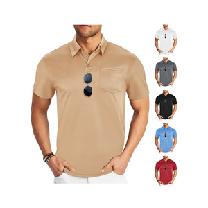 Polo pour homme européen, couleur unie, respirant, maille, manches courtes, sport, décontracté, avec poche, kaki, blanc, noir, bleu, rouge - Product Image 1