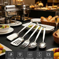 Ensemble d'ustensiles de cuisine de luxe en acier inoxydable avec spatule de service, fourchette et cuillère ajourée pour buffet et service alimentaire, couleur et logo personnalisables