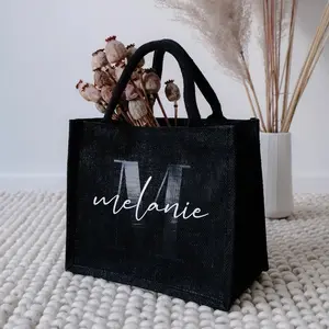 Personal isierte benutzer definierte Logo wasserdichte Einkaufstasche schwarze Farbe Jute Einkaufstasche umwelt freundliche tragbare Handtasche Geschenkt üte