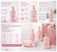 Flacon pompe carré rose pastel avec impression de fleurs de cerisier, logo personnalisé, contenant pour lotion, shampoing, cosmétiques