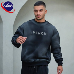 QZFSO fabricant Logo personnalisé strass sérigraphie unisexe pull côtes Streetwear lavé col rond surdimensionné <span class=keywords><strong>sweat</strong></span> - Product Image 1