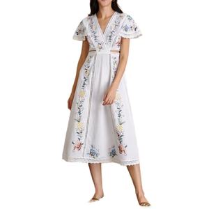 Robe en coton personnalisée 2025 pour femme, robe décontractée brodée florale, robe midi tissée taille haute, design en dentelle, fabriquée - Product Image 1