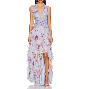 Vestido Largo de Noche con Estampado Floral, Cuello Halter, Cintura Imperio, Falda con Volantes Multicapa, Transpirable, para Mujer - Product Image 4