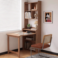 Bureau pliant en bois massif et bibliothèque - Design d'angle multifonctionnel contemporain pour petit appartement, maison/bureau