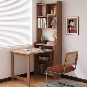 Bureau pliant en bois massif et bibliothèque - Design d'angle multifonctionnel contemporain pour petit appartement, maison/bureau - Product Image 1