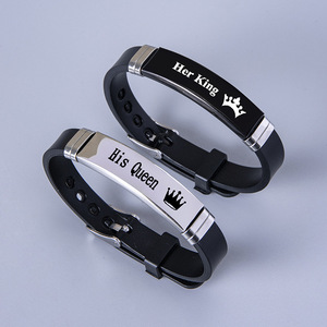 Bracelet en acier inoxydable pour homme Fancy Day avec couronnes gravées «King» <span class=keywords><strong>et</strong></span> «Queen» Charm élégant en silice pour les couples - Product Image 1