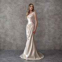 Robe de soirée sirène en satin champagne à une épaule, avec bretelles perlées, col drapé et corset, pour fêtes, fournisseur personnalisé, vente en gros