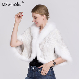 MWfur Frauen gestrickt weiß Nerz Pelz Hochzeit Poncho Jacke Fox Pelz Kragen getrimmt Nerz Pelz <span class=keywords><strong>Cape</strong></span> für Dame - Product Image 3