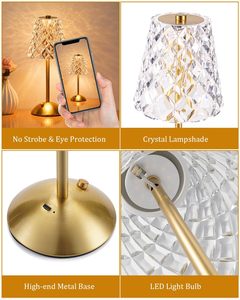 Lampe de table LED sans fil rechargeable en cristal, luxe, commande tactile sans fil, style nordique moderne, lampe de bureau pour restaurant, Lampada Da Tavolo - Product Image 4