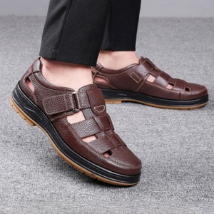 Sandales à brides croisées en cuir de vachette première couche, bout ouvert, semelle extérieure en caoutchouc, respirantes, chaussures décontractées d'été pour hommes - Product Image 2