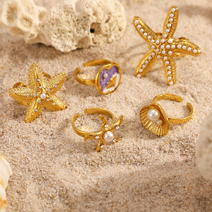 Bagues tendance thème océan, coquillages, étoiles de mer, incrustations de perles, plaqué or, ajustables, bijoux pour femmes, accessoire de fête - Product Image 2