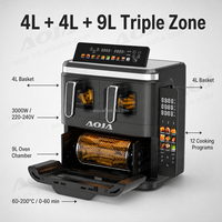 Four à friture sans huile 3-en-1 3000W 4L+4L+9L Triple cuve Friteuse numérique à écran pliable Appareil de cuisine pour grillades et barbecue
