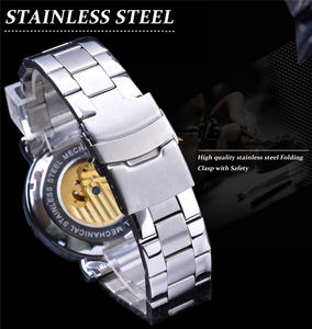 FORSINING S1125 <span class=keywords><strong>Orologio</strong></span> Scheletrato Bianco Dorato con Lancette Blu, <span class=keywords><strong>Orologio</strong></span> Meccanico da <span class=keywords><strong>Uomo</strong></span> in <span class=keywords><strong>Acciaio</strong></span> Inossidabile, Design Impermeabile - Product Image 2