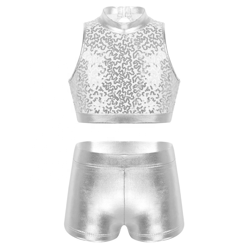 Kids Girls Jazz Tap Hip Hop Dance Stage Performance Wear Dancewear Sequins Sleeveless Cutout Back Crop Top And Metallic Shorts