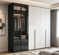 Closet Moderno Personalizado com Acabamento em Vidro Brilhante e Móveis de Madeira para Quarto