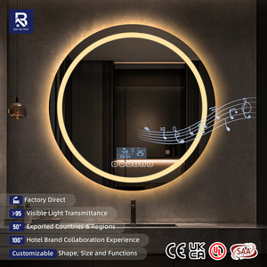 <span class=keywords><strong>Espejo</strong></span> LED Redondo Inteligente con Altavoz Bluetooth, Reloj, Temperatura, Marco Negro Ancho, <span class=keywords><strong>Espejo</strong></span> de <span class=keywords><strong>Baño</strong></span> Circular con Doble Retroiluminación para Decoración de Hotel de Lujo - Product Image 1