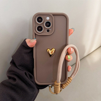 Coque Souple Coréenne Mignonne 3D Cœur Doré avec Dragonne pour iPhone 16 17 Pro Max 15 14 13 12 11 Pro 16E 7 8 Plus