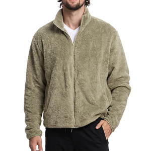 Men's Olive Green Eco-Friendly <b>Fleece</b> Jacket Full Zip Stand Collar Casual Winter Wear Regular Fit <b>Sherpa</b> Lining Front Polyester - Product Image 1