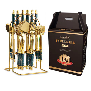 <b>Golden</b> <b>Cutlery</b> <b>Set</b> With Black Marble Handle 24 Piece Western Dinnerware For Party Durable Stainless Steel Flatware - Product Image 3