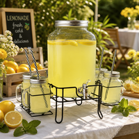 Ensemble distributeur de boissons en verre de 2 gallons avec support en fer et 4 gobelets, distributeur de jus et d'eau avec robinet métallique pour fêtes et traiteurs