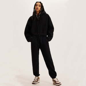 New Arrival Winter Autumn Cropped Breathable Lined Hoodie Sweatshirt Jogger Sets Women Long Sleeve Workout Crop Top Hoodie - Product Image 6