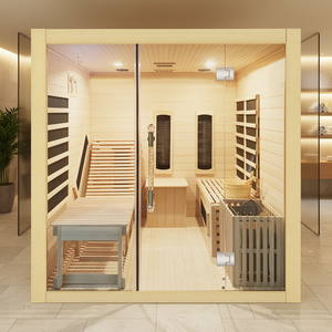 Sauna de vapor seco de cicuta de madera para interiores de lujo, sala de sauna combinada con estufa y carbón infrarrojo - Product Image 1