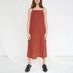 Personalizado 2024 MOQ bajo A-Line sin mangas sólido suelto cuello Halter Casual Midi Lino algodón señoras vestidos púrpura mujeres verano coreano