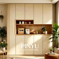 Armoire murale complète en bois composite sans poignée, avec tiroir de rangement dissimulé et étagère flottante ouverte