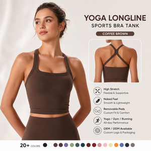 High Stretch Naked Feel Yoga Sports Bra Tank Top Padded Square Neck Longline Cross Back Vest for Gym Running Fitness Activewear