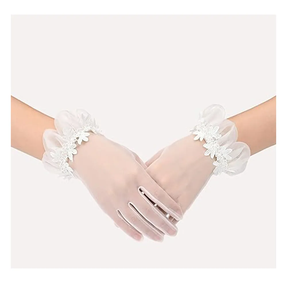 Off-White Floral Short Lace Gloves Women Wrist Length Dress Dance Opera Party Wedding Gloves