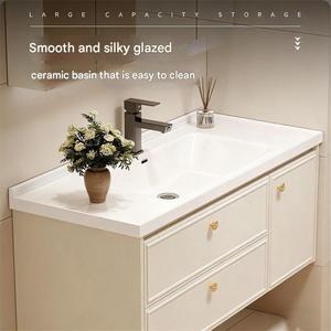 Nouvelle armoire de salle de bain en noyer crème avec <span class=keywords><strong>lavabo</strong></span> intégré, plan de travail et miroir de salle de bain à LED, combinaison élégante - Product Image 2