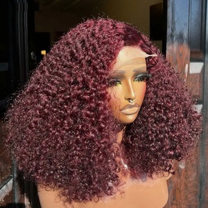 Perruque bouclée 100% <span class=keywords><strong>cheveux</strong></span> humains avec <span class=keywords><strong>bandeau</strong></span> en dentelle 13*4, modèle d'exportation pour l'Afrique, stock d'usine, rouge bordeaux - Product Image 2